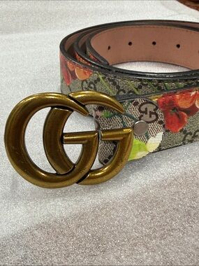 GG Antique Gold Buckle GUCCI Belt Leather Floral Green/Red Brown Gray siz 50 125